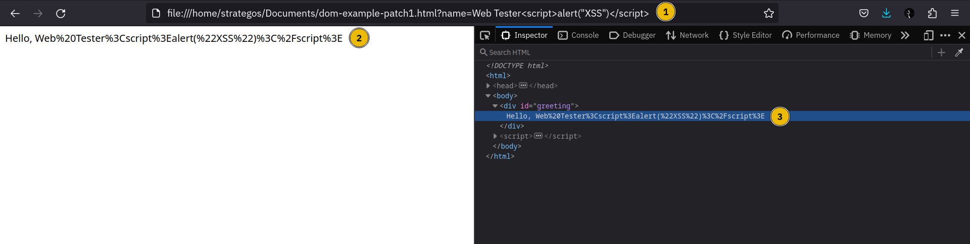 A web browser with the Inspector tab displaying the DOM structure of a patched static site.