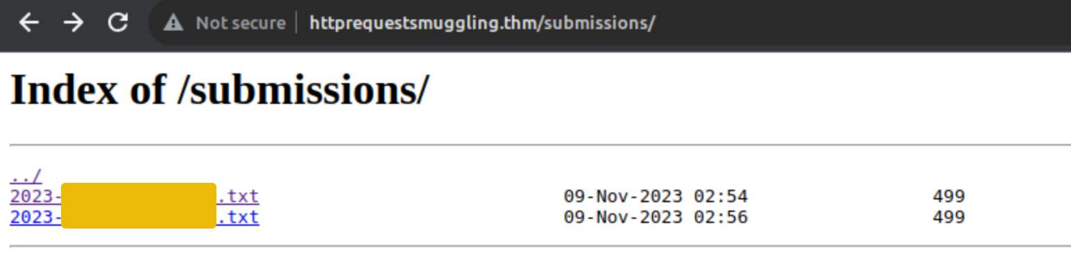 Submissions page containing the saved request