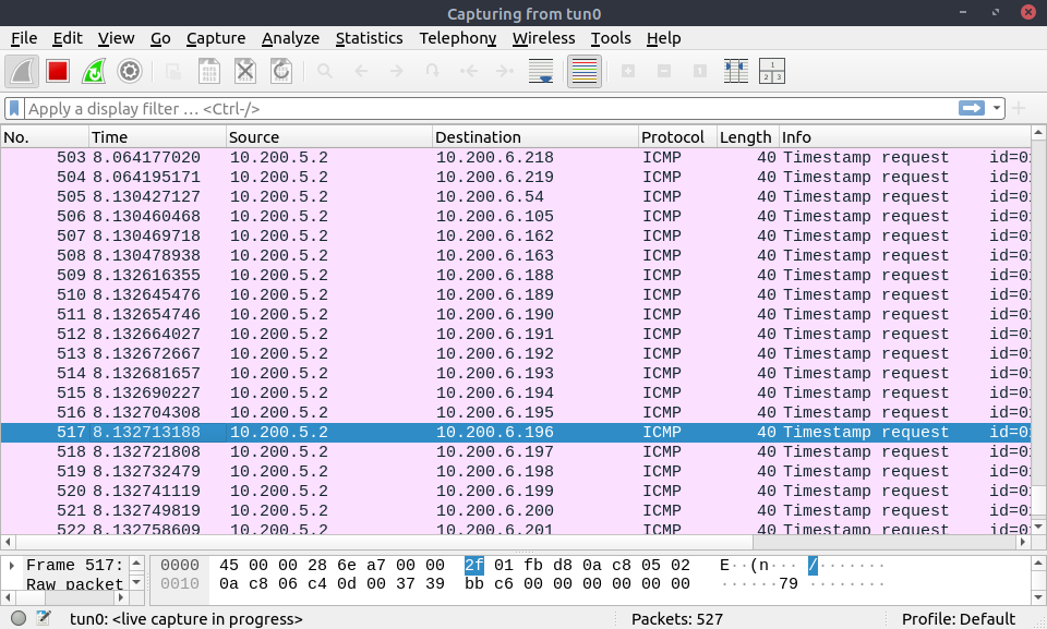 Wireshark ICMP timestamp scan.