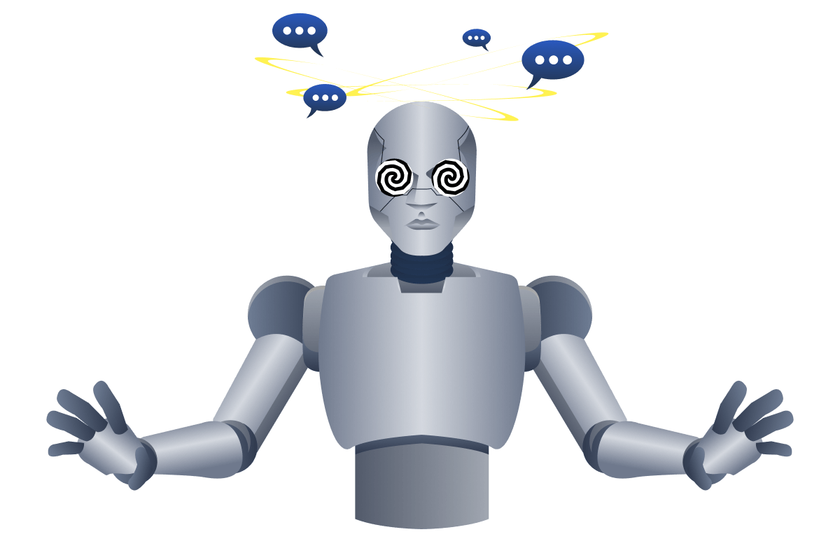 A confused AI with prompt bubbles spinning around it's head