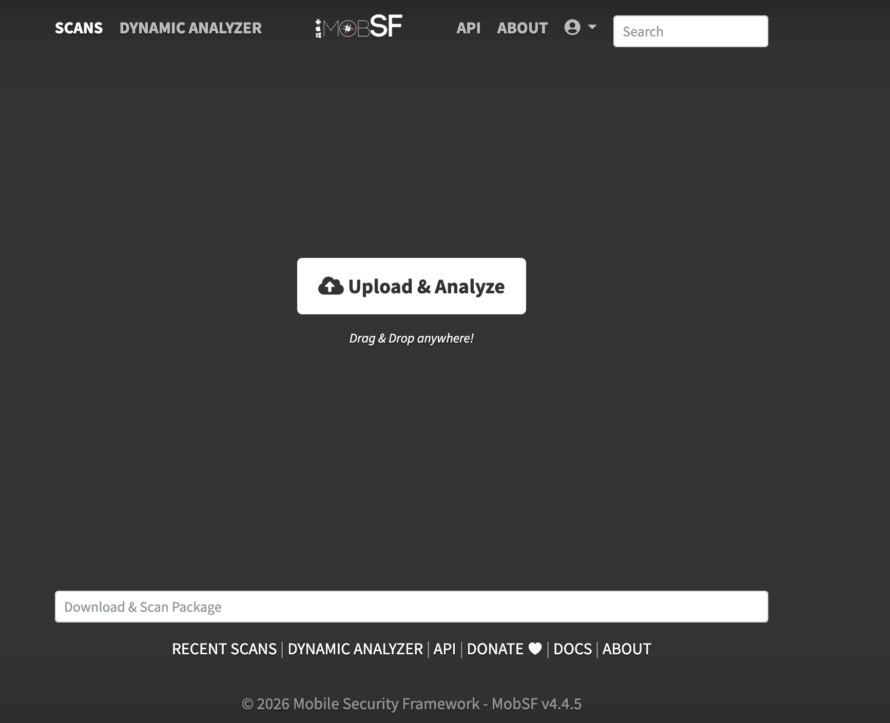 MobSF (Mobile Security Framework) v4.4.5 web interface showing the main scan page with an 'Upload & Analyze' button, a 'Drag & Drop anywhere!